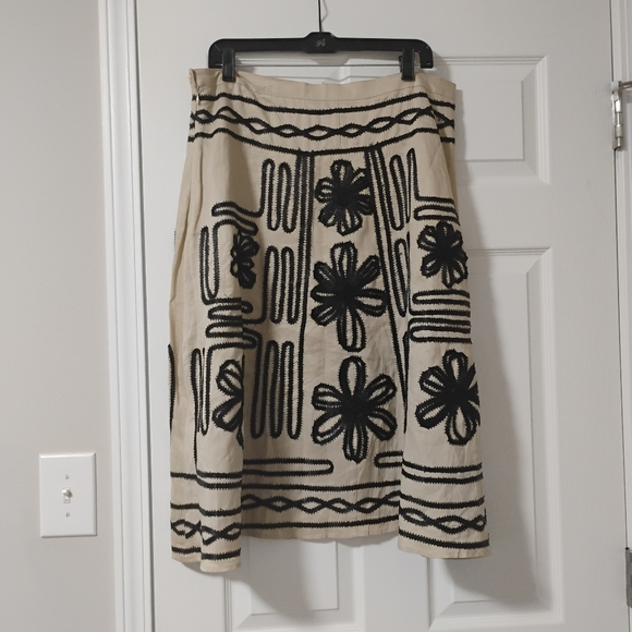 Cottage Core 90's Linen Beige Black Embroidered A-Line Boho Skirt 14 Festival - Picture 10 of 11